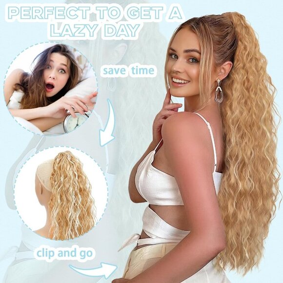 Ponytail Extension Synthetic 18 Inch Curly Wavy Clip in Hair for Women